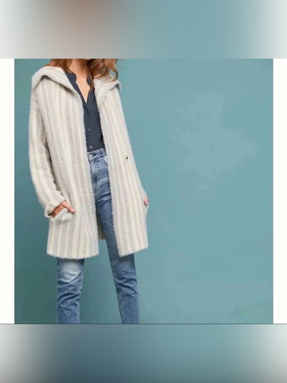 Anthropologie Cream & Light Gray Striped Button-Front Cardigan